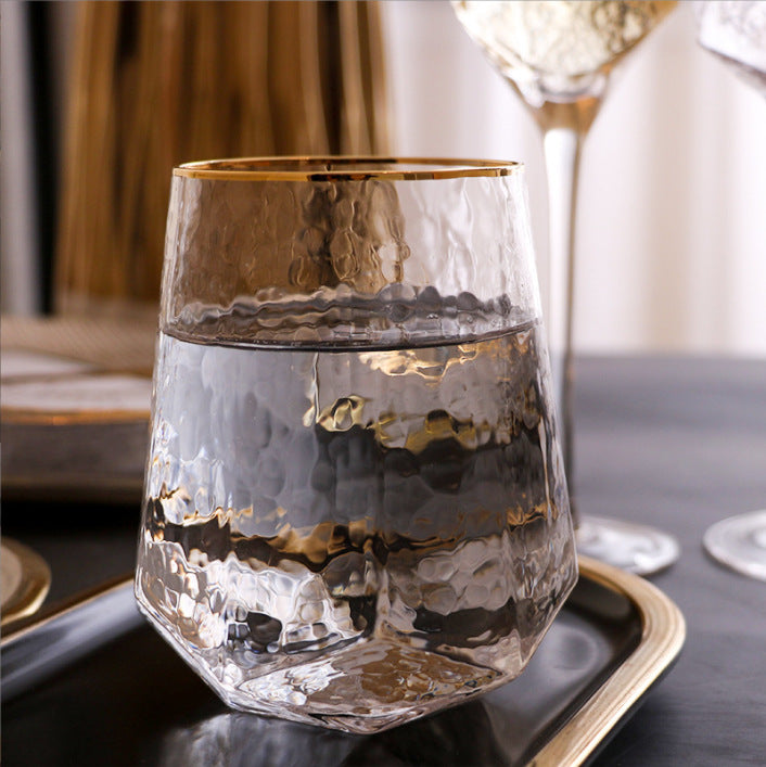 Japanese-Style Gold Rim Crystal Glass Diamonds-Shaped Goblet, Creative Hammered Water Cup, Home Decoration Champagne Glass