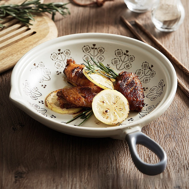 Japanese-Style Creative with Handle Single Handle Plate, Oven Baked Rice Baking Tray, Home Naked-Fire Heating Ceramic Pan Frying Pan
