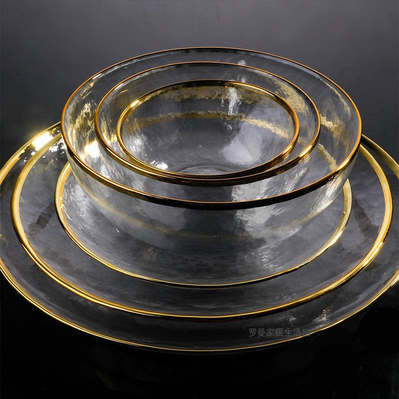 Japanese Glass Salad Bowl Hammered Dessert Cold Noodle Bowl, Plate