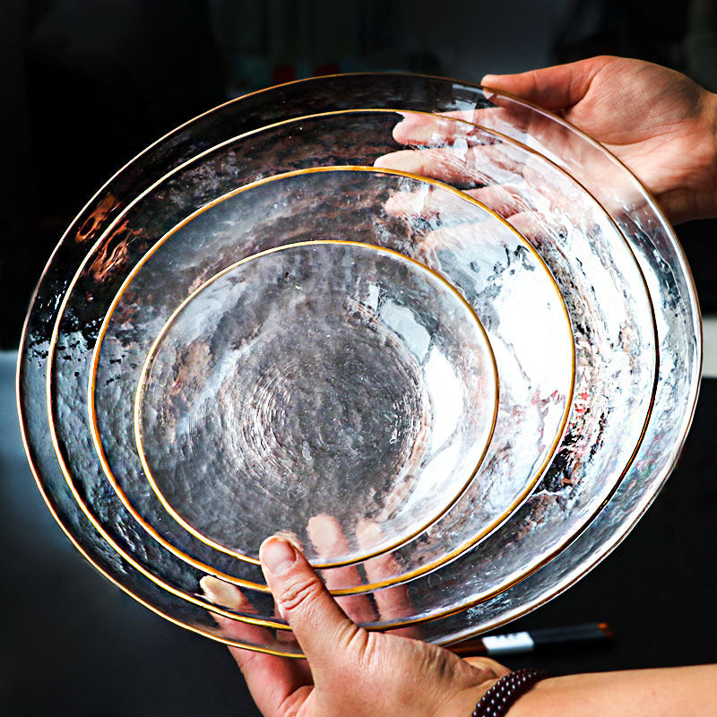 Japanese Glass Salad Bowl Hammered Dessert Cold Noodle Bowl, Plate