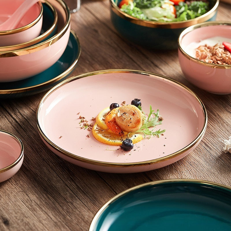 Simple style light luxury household Emerald gilt edging porcelain bowl plate chopsticks sets, high-end Nordic tableware
