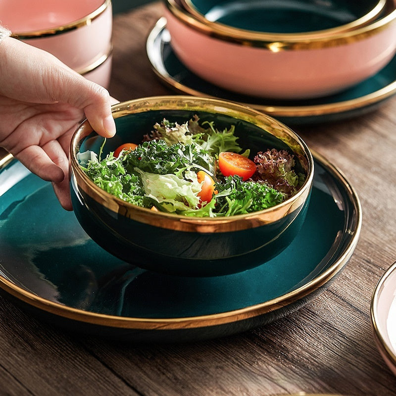 Simple style light luxury household Emerald gilt edging porcelain bowl plate chopsticks sets, high-end Nordic tableware