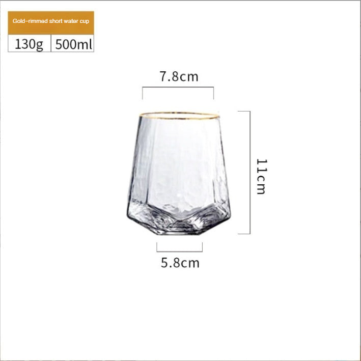 Japanese-Style Gold Rim Crystal Glass Diamonds-Shaped Goblet, Creative Hammered Water Cup, Home Decoration Champagne Glass
