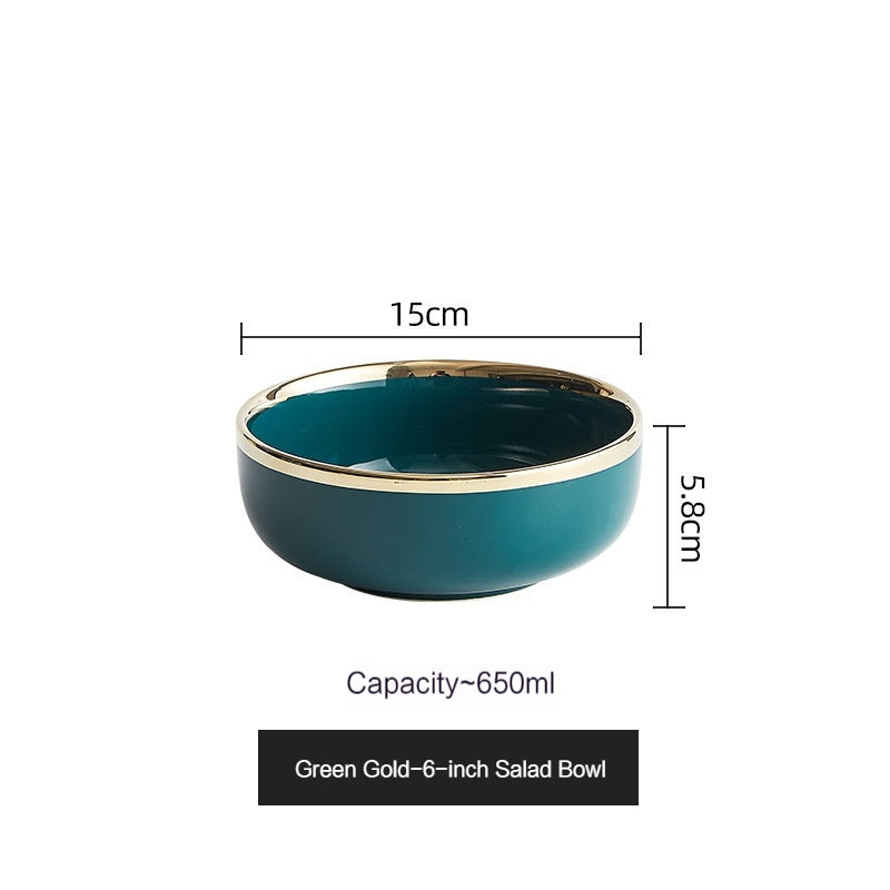 Simple style light luxury household Emerald gilt edging porcelain bowl plate chopsticks sets, high-end Nordic tableware