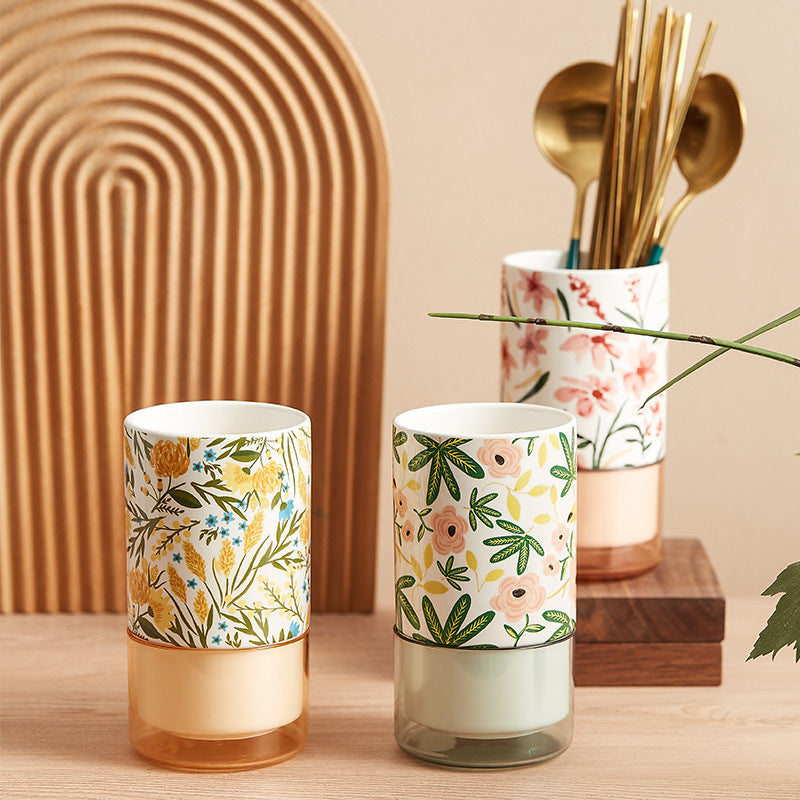 Pastoral Style Chopsticks Holder Household Chopsticks Basket, Ceramic Chopsticks Box Draining Spoon Fast Bucket Chopsticks Box, Storage Rack
