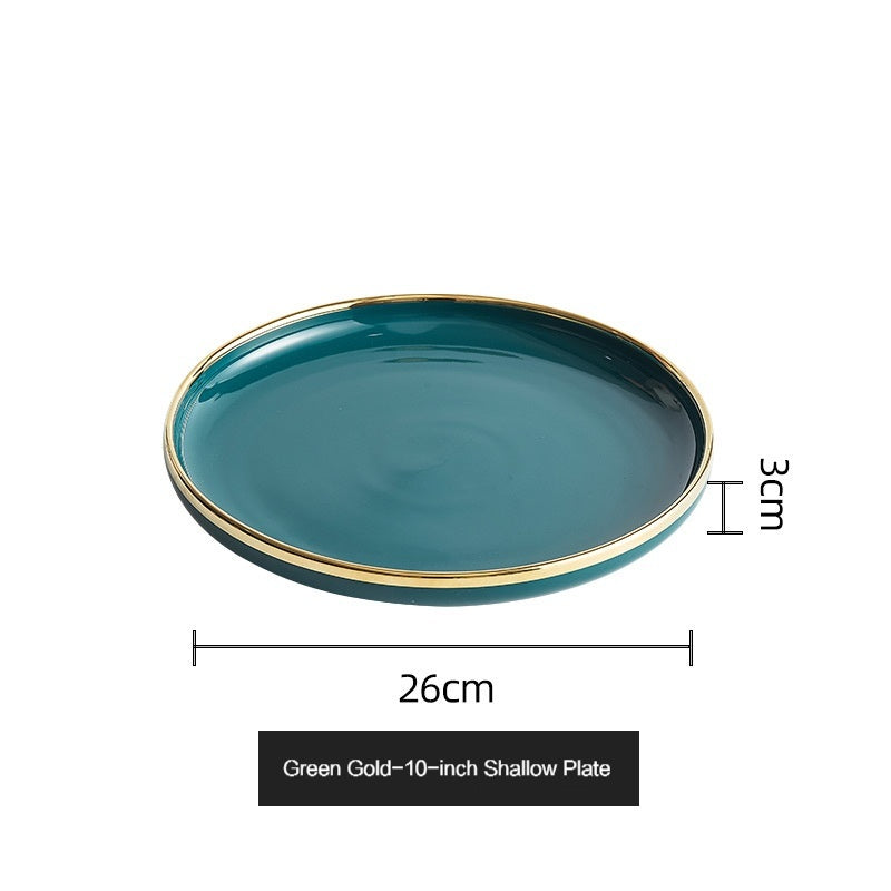 Simple style light luxury household Emerald gilt edging porcelain bowl plate chopsticks sets, high-end Nordic tableware