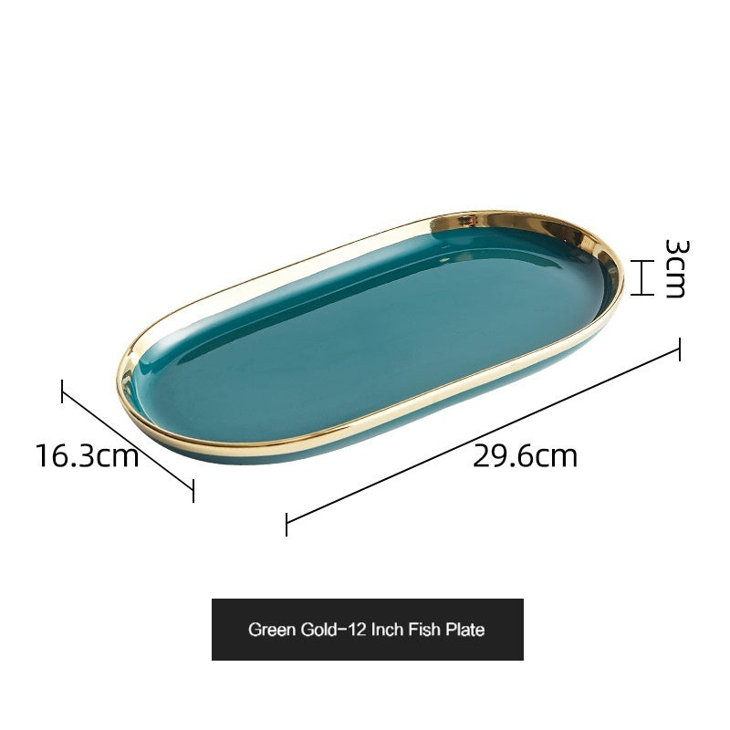 Simple style light luxury household Emerald gilt edging porcelain bowl plate chopsticks sets, high-end Nordic tableware