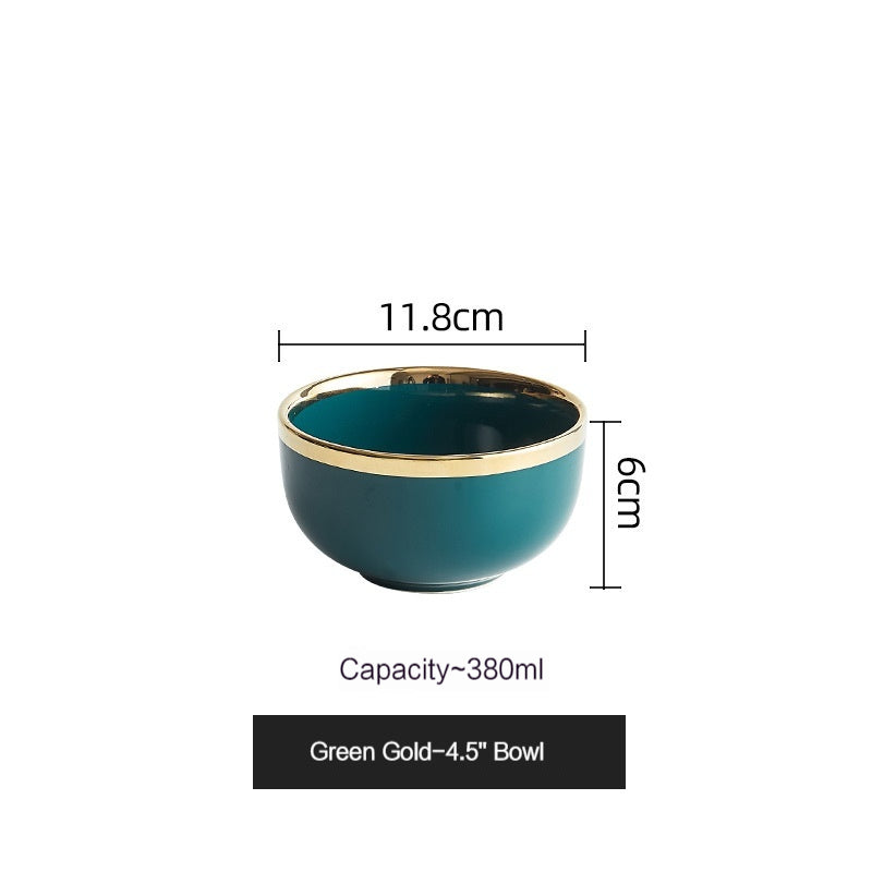 Simple style light luxury household Emerald gilt edging porcelain bowl plate chopsticks sets, high-end Nordic tableware