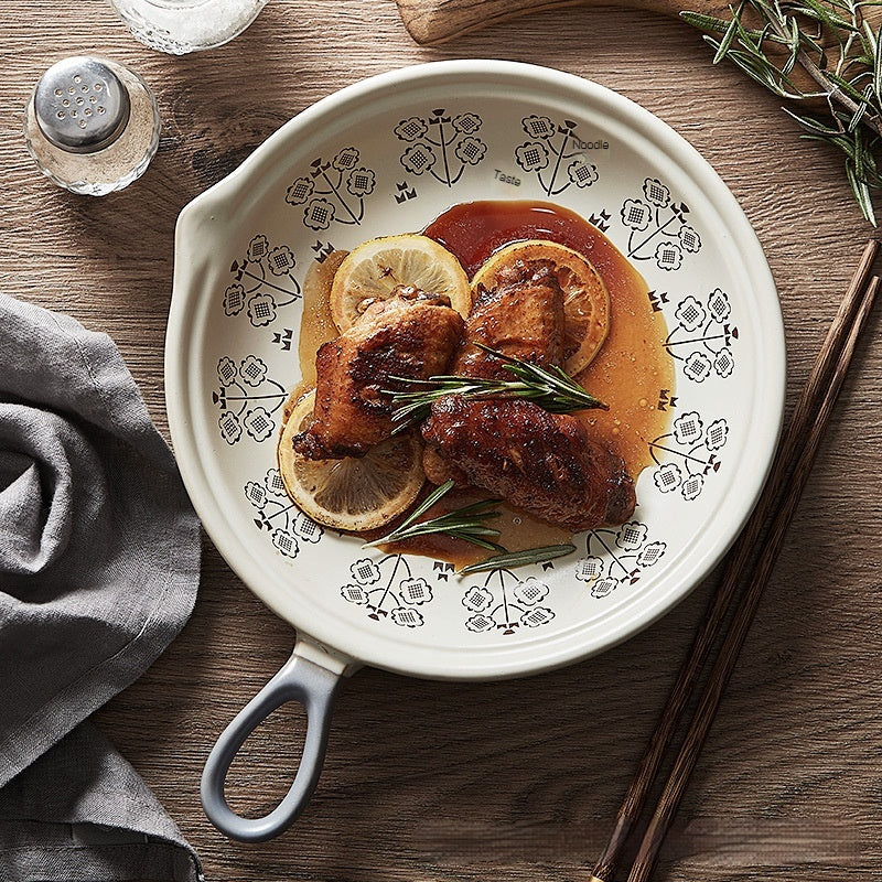 Japanese-Style Creative with Handle Single Handle Plate, Oven Baked Rice Baking Tray, Home Naked-Fire Heating Ceramic Pan Frying Pan