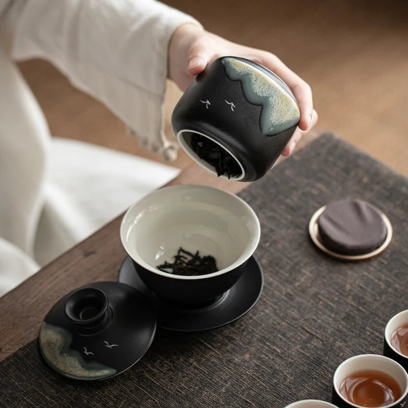 yuntasty Handpainted Mountain Ceramic Tea Canisters Tea Containers for Tea