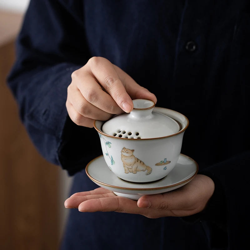 yuntasty ceramic gaiwan with filters cute cat porcelain tureen 150ml