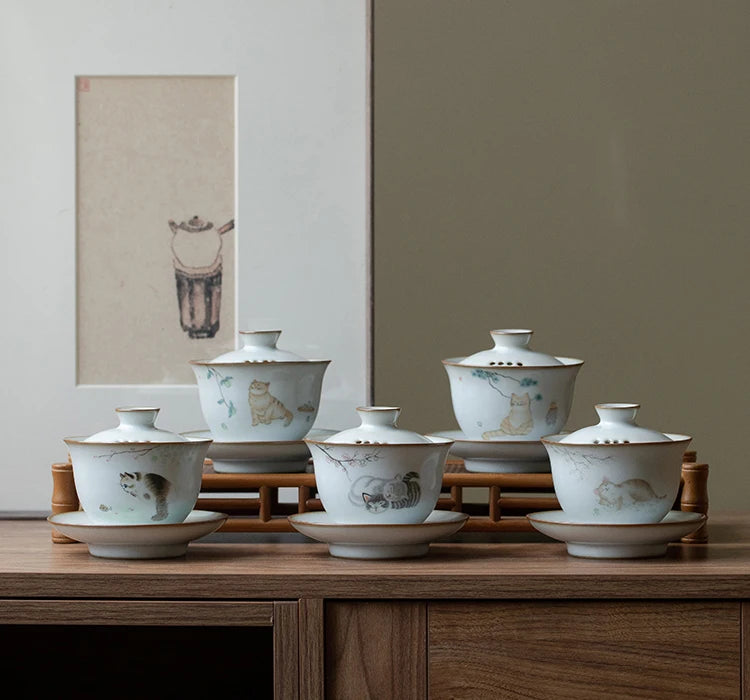 yuntasty ceramic gaiwan with filters cute cat porcelain tureen 150ml