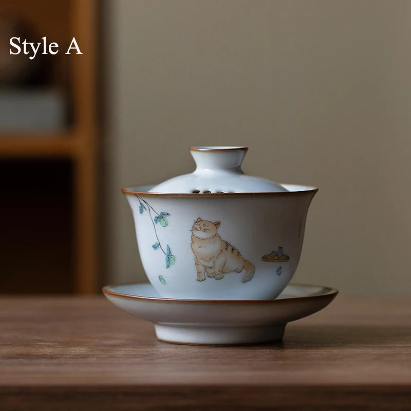 yuntasty ceramic gaiwan with filters cute cat porcelain tureen 150ml