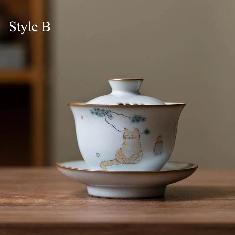 yuntasty ceramic gaiwan with filters cute cat porcelain tureen 150ml