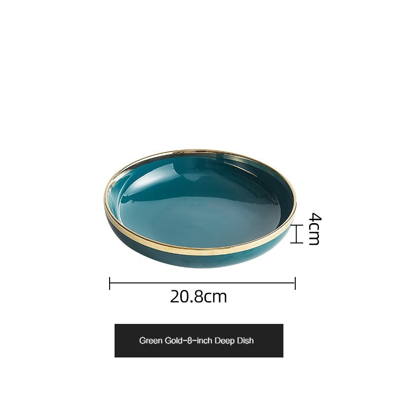 Simple style light luxury household Emerald gilt edging porcelain bowl plate chopsticks sets, high-end Nordic tableware