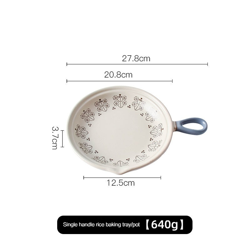 Japanese-Style Creative with Handle Single Handle Plate, Oven Baked Rice Baking Tray, Home Naked-Fire Heating Ceramic Pan Frying Pan