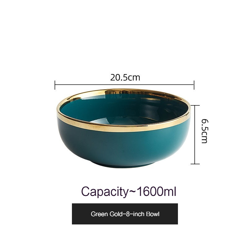 Simple style light luxury household Emerald gilt edging porcelain bowl plate chopsticks sets, high-end Nordic tableware