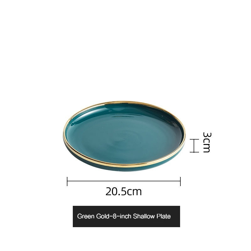 Simple style light luxury household Emerald gilt edging porcelain bowl plate chopsticks sets, high-end Nordic tableware