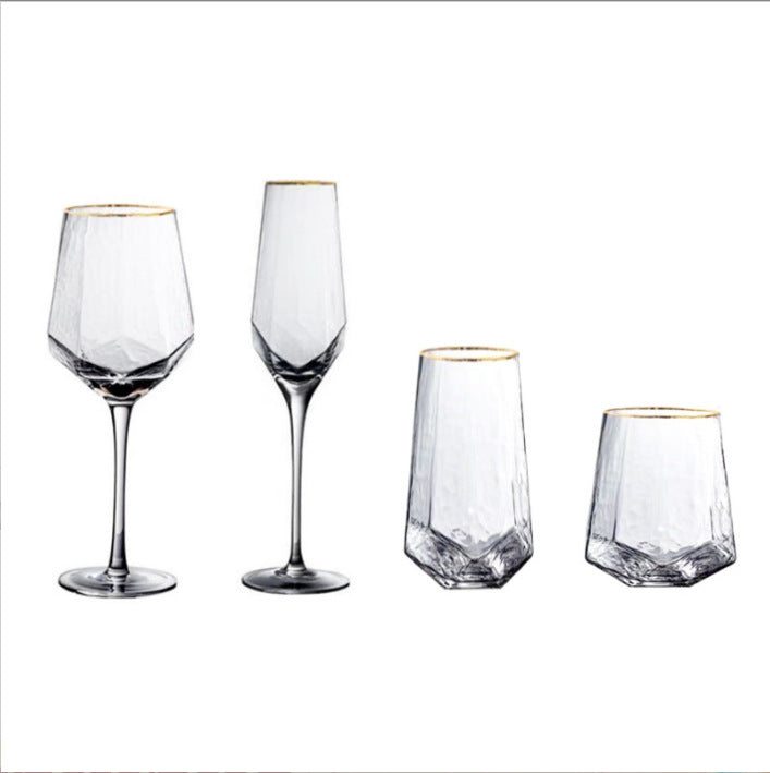Japanese-Style Gold Rim Crystal Glass Diamonds-Shaped Goblet, Creative Hammered Water Cup, Home Decoration Champagne Glass