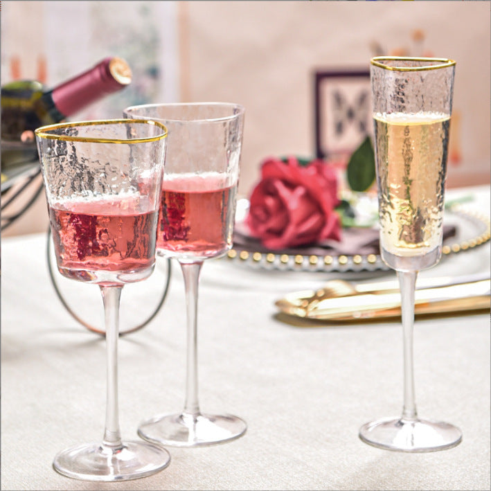 Nordic Light Luxury Hammered Pattern Golden Trim Triangle Glass, Good-looking Crystal Red Wine Glass, Champagne Glass Water Cup Decorative Cup