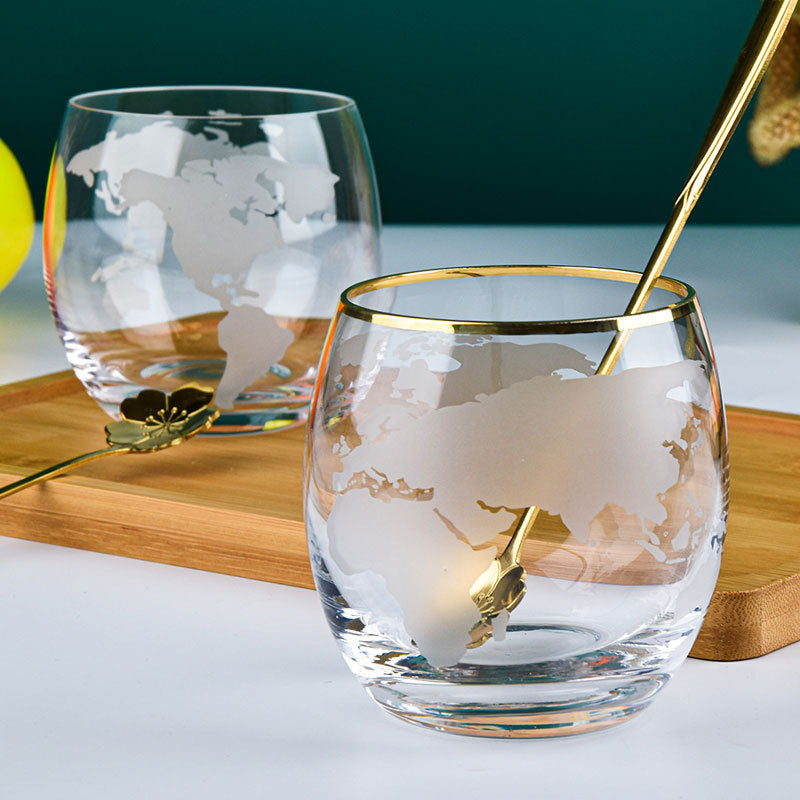 Crystal Glass Transparent Household Gold Rim Map Water Cup, Drink Cup Whiskey Glass