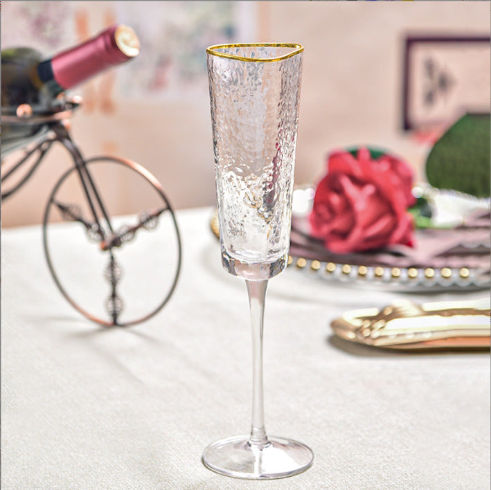 Nordic Light Luxury Hammered Pattern Golden Trim Triangle Glass, Good-looking Crystal Red Wine Glass, Champagne Glass Water Cup Decorative Cup