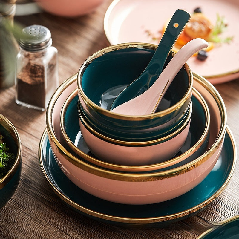 Simple style light luxury household Emerald gilt edging porcelain bowl plate chopsticks sets, high-end Nordic tableware