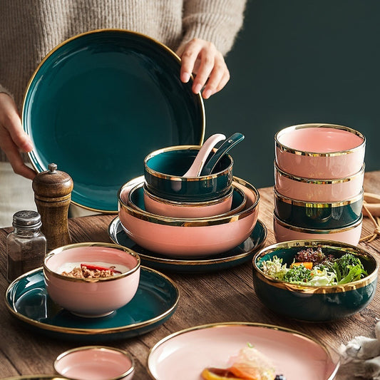 Simple style light luxury household Emerald gilt edging porcelain bowl plate chopsticks sets, high-end Nordic tableware