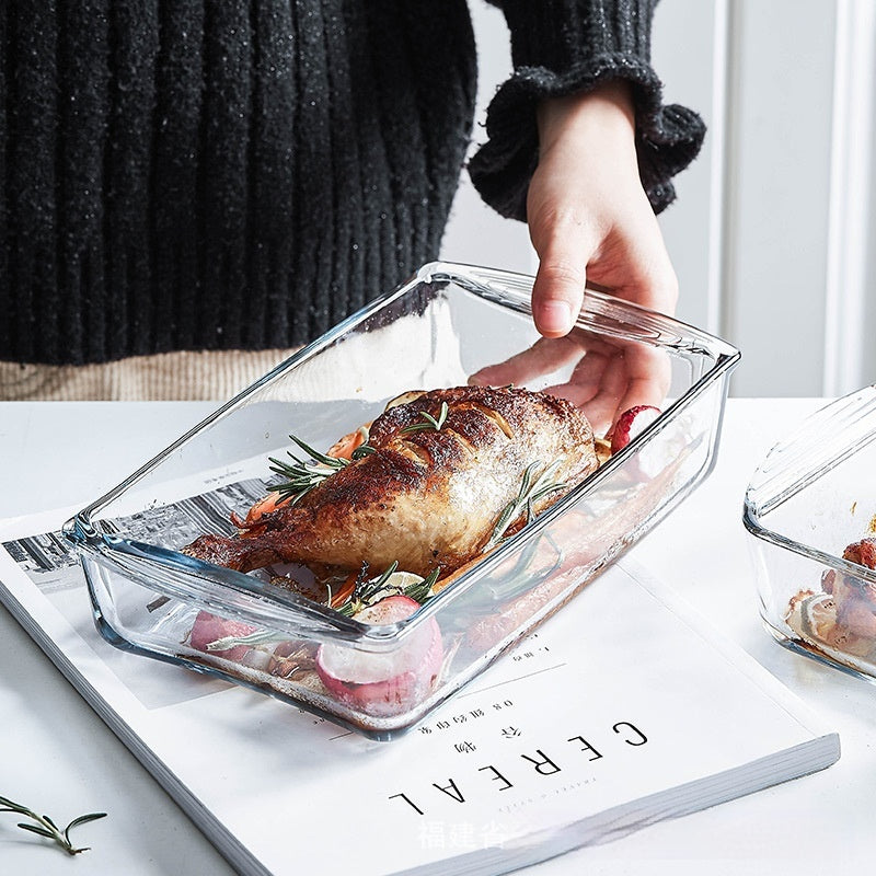 Household Fruit Salad Dish, Tempered Glass High Temperature Resistant Cheese Baked Rice Baking Tray, Large Microwave Oven Baking Tray