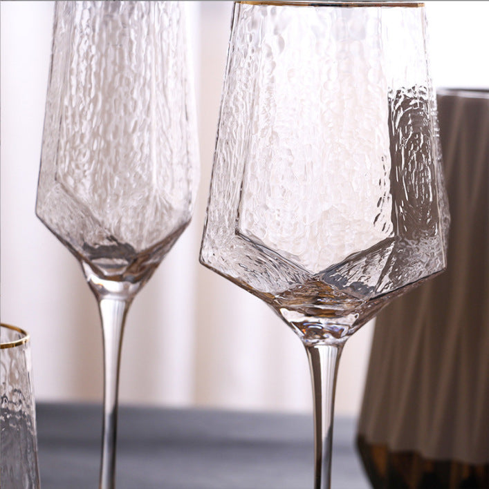 Japanese-Style Gold Rim Crystal Glass Diamonds-Shaped Goblet, Creative Hammered Water Cup, Home Decoration Champagne Glass
