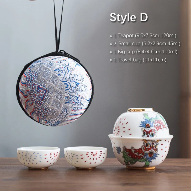 yuntasty Lucky Cat Ceramic Teapot with 3 Cups with Travel Case