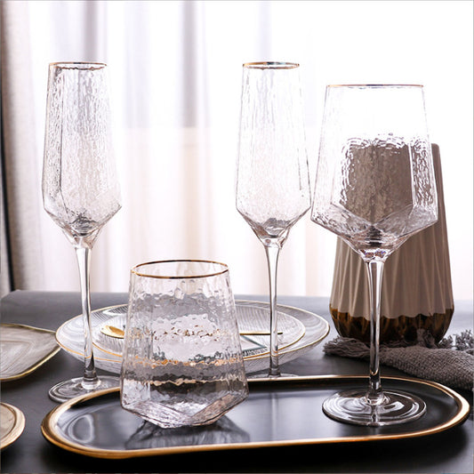 Japanese-Style Gold Rim Crystal Glass Diamonds-Shaped Goblet, Creative Hammered Water Cup, Home Decoration Champagne Glass