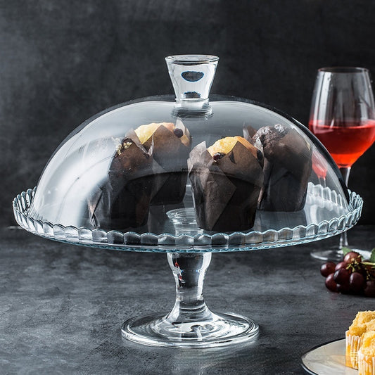 PASA Large French Lead-Free Glass Cake Dim Sum Plate High Leg Fruit Dessert Tray with Cover Transparent