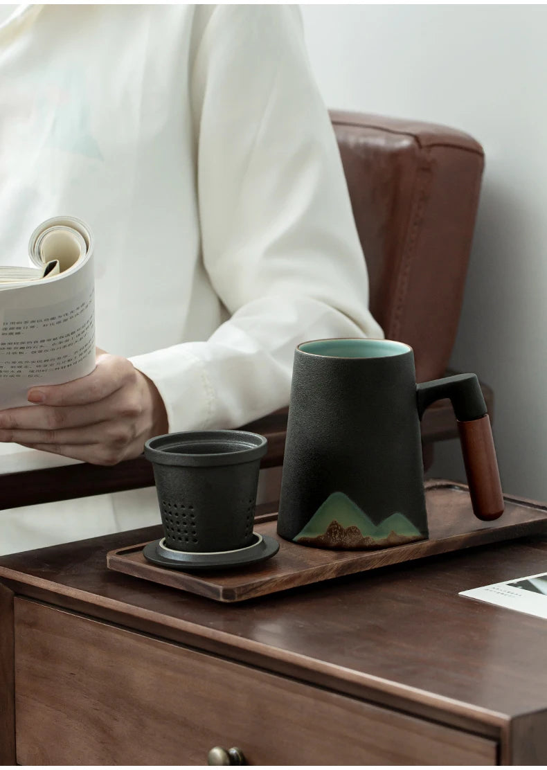 yuntasty mountain design ceramic tea mugs with filter ceramic coffee cup chinese tea cup 400ml