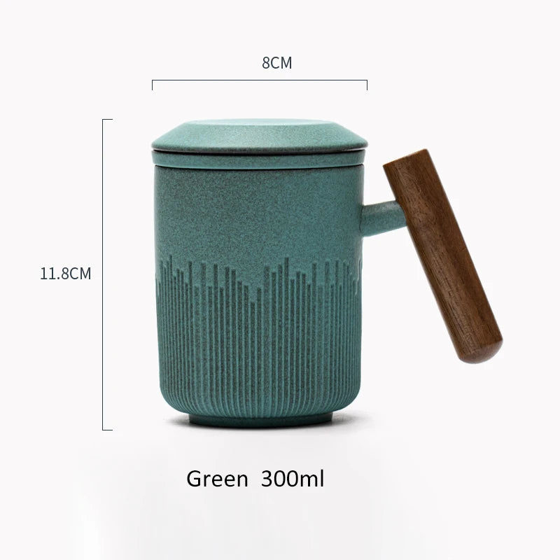 yuntasty Ceramic Tea Mug with Infuser Green Ceramic Tea Cup with Lid 300ml