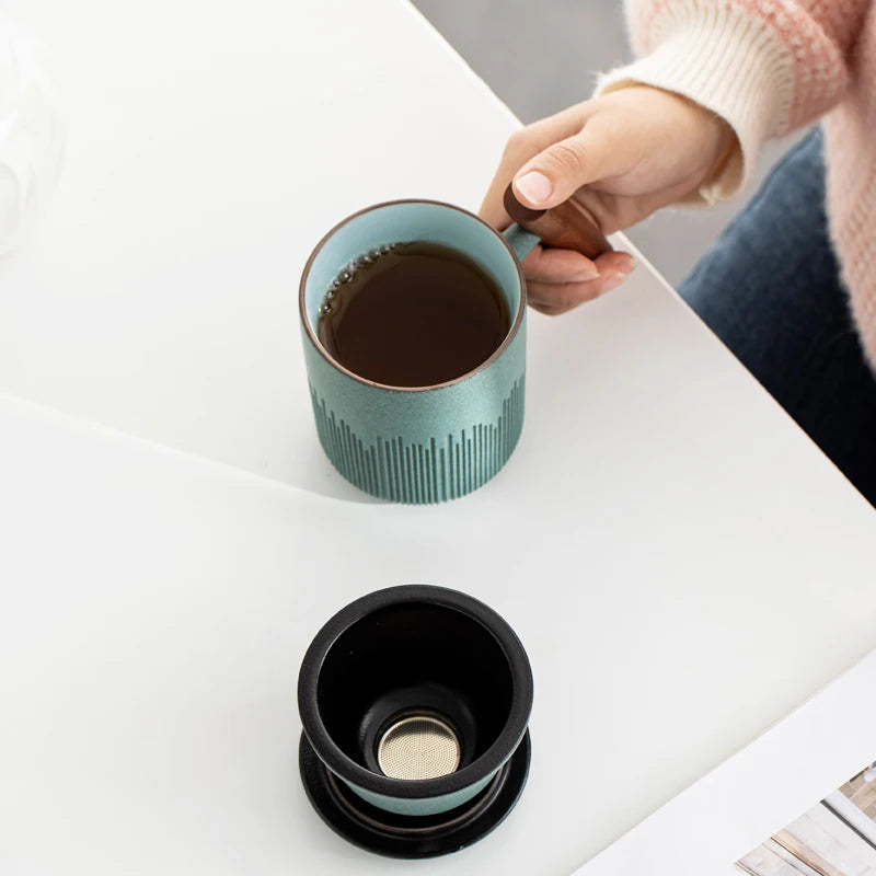 yuntasty Ceramic Tea Mug with Infuser Green Ceramic Tea Cup with Lid 300ml