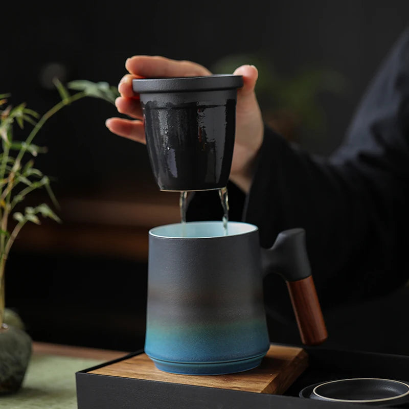 yuntasty Japanese Ceramic Tea Cup with Strainer Vintage Coffee Tea Mug 400ml