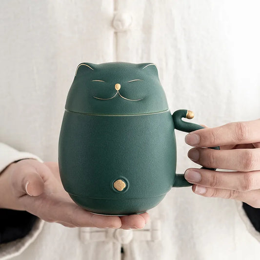 yuntasty Lucky Cat Ceramic Tea Cup with Infuser Cute Cat Tea Mug with Lid 300ml