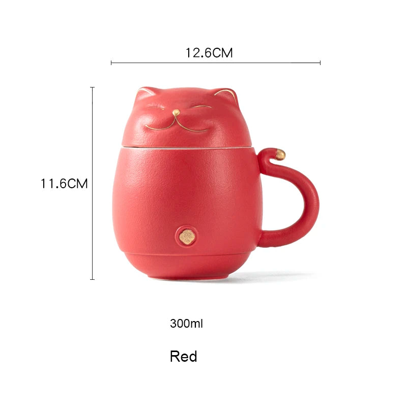 yuntasty Lucky Cat Ceramic Tea Cup with Infuser Cute Cat Tea Mug with Lid 300ml