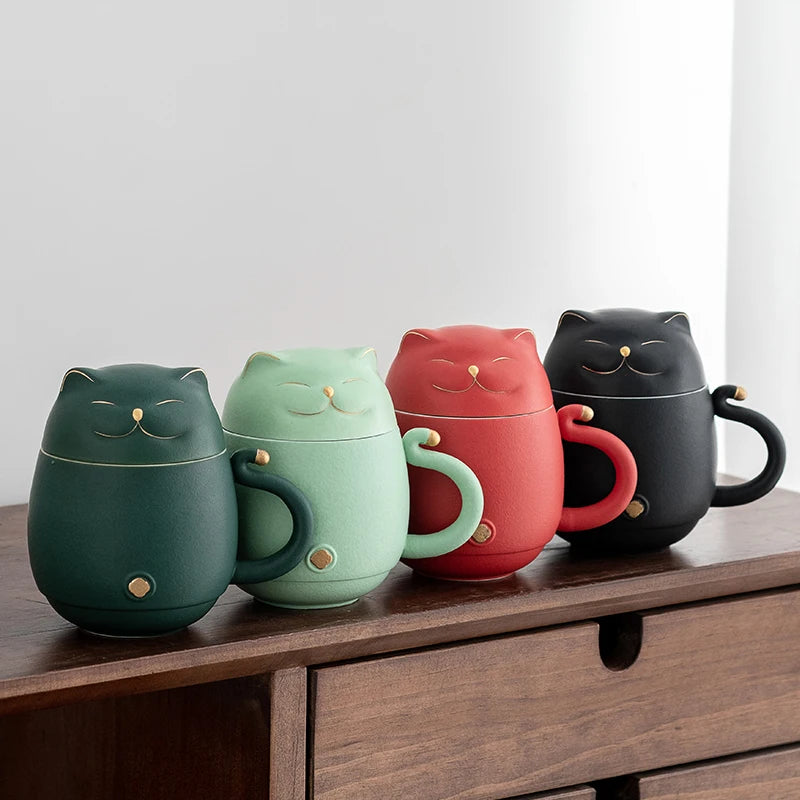 yuntasty Lucky Cat Ceramic Tea Cup with Infuser Cute Cat Tea Mug with Lid 300ml