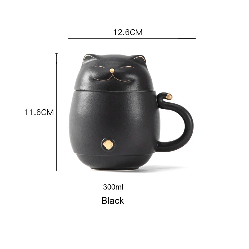 yuntasty Lucky Cat Ceramic Tea Cup with Infuser Cute Cat Tea Mug with Lid 300ml