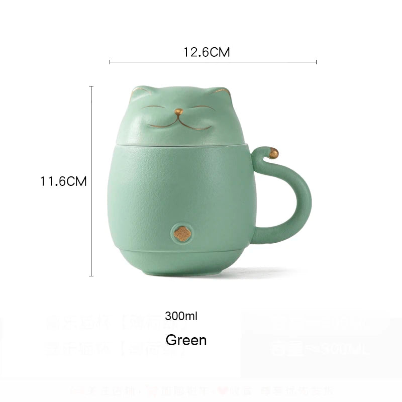 yuntasty Lucky Cat Ceramic Tea Cup with Infuser Cute Cat Tea Mug with Lid 300ml