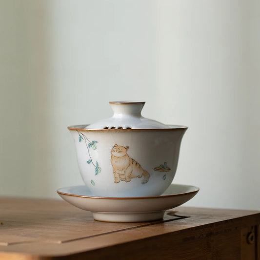 yuntasty ceramic gaiwan with filters cute cat porcelain tureen 150ml