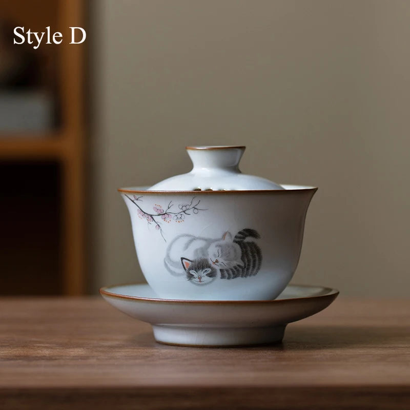 yuntasty ceramic gaiwan with filters cute cat porcelain tureen 150ml