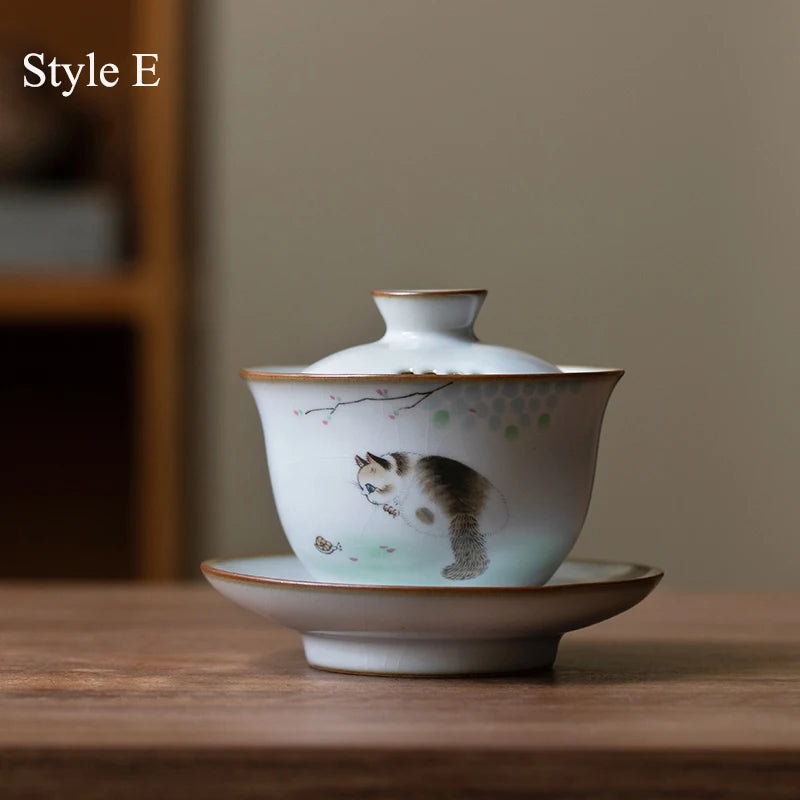 yuntasty ceramic gaiwan with filters cute cat porcelain tureen 150ml
