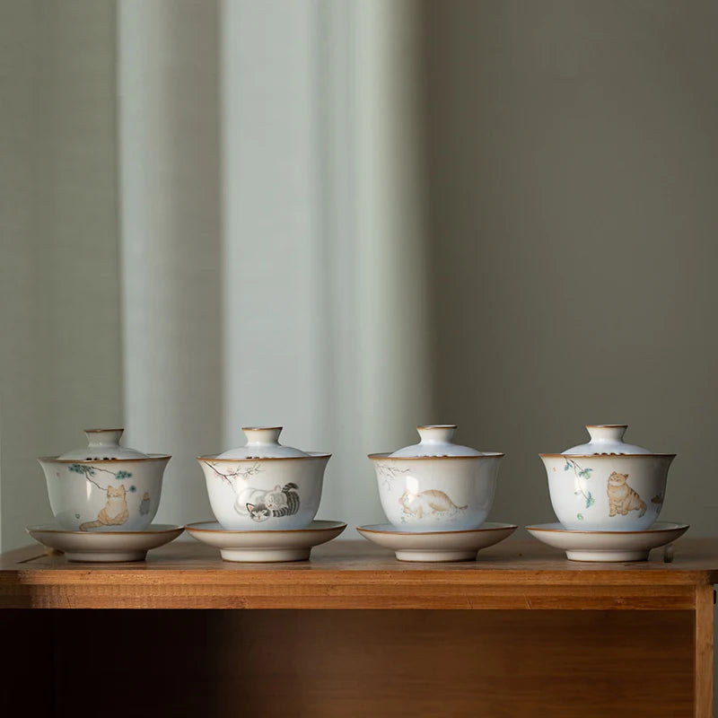 yuntasty ceramic gaiwan with filters cute cat porcelain tureen 150ml