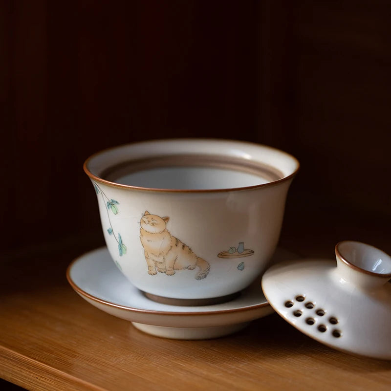 yuntasty ceramic gaiwan with filters cute cat porcelain tureen 150ml