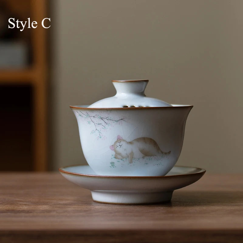 yuntasty ceramic gaiwan with filters cute cat porcelain tureen 150ml