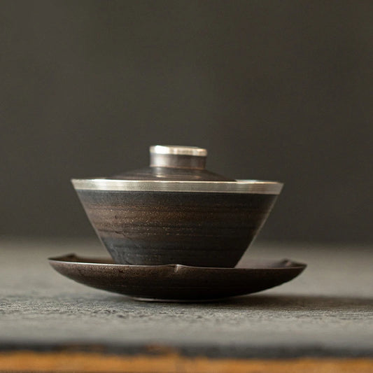 yuntasty ceramic gaiwan with saucer silver edge chinese kung fu tea set 150ml