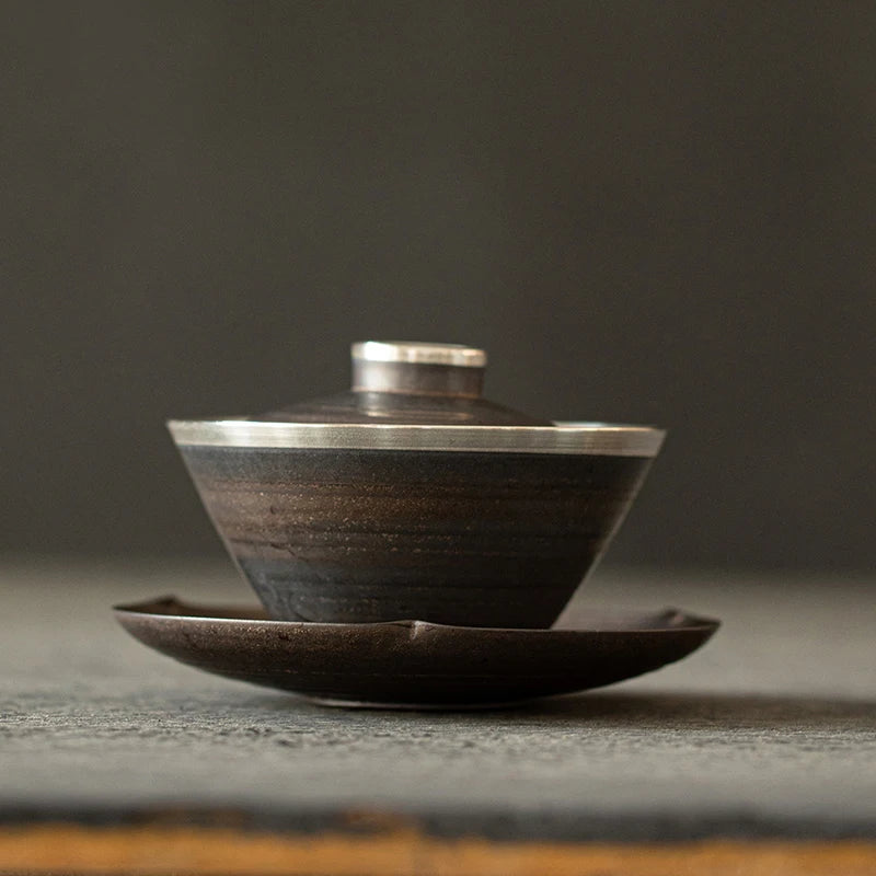 yuntasty ceramic gaiwan with saucer silver edge chinese kung fu tea set 150ml